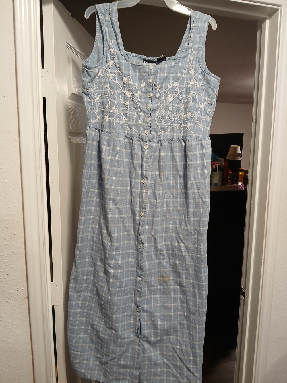 Crossing Pointe Vintage Light Blue Embroidered Button-Front Sundress